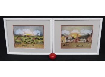 Pair Of Barbara A. Palmer Folk Art Country Prints In White Frames