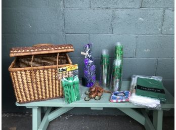 Large Party Supplies, Bottle Light & Picnic Basket Lot