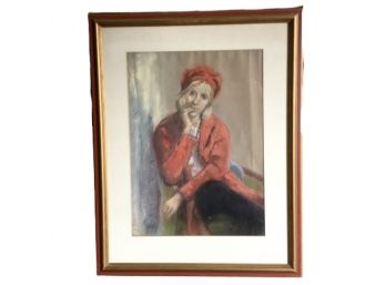 Original Portrait Painting Of Woman In Matching Red Hat And Coat Signed By Artist, Nancy Reilly
