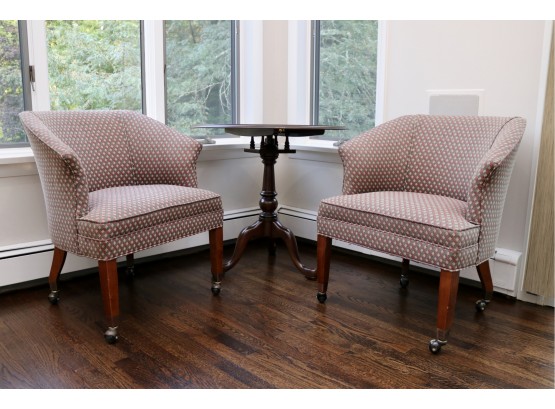 Set Of Two Ethan Allen Upholstered Club 'Party' Chairs On Casters