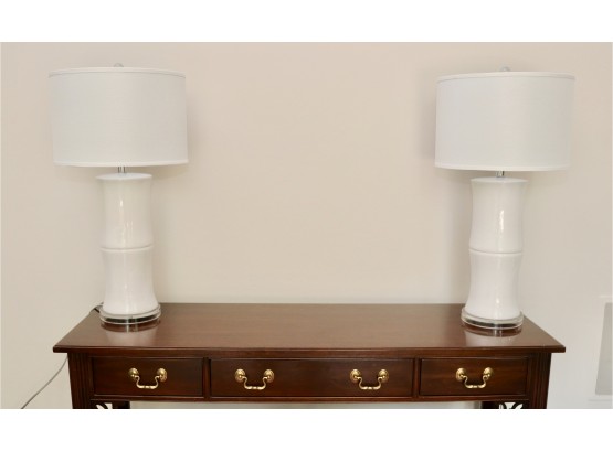 Set Of Two White Glass Lamps With White Shades