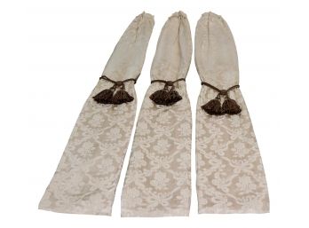 Three Pinch Pleated Drapery Panels With Large Tassel Tie Backs