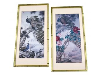 Vintage Signed Asian Peacock Pictures In Bamboo Gold Gilt Frames
