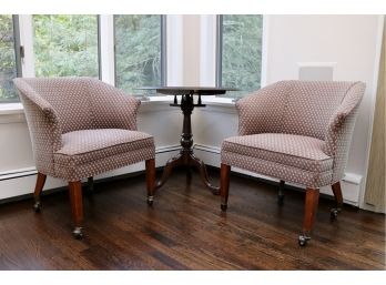 Set Of Two Ethan Allen Upholstered Club 'Party' Chairs On Casters