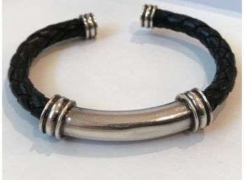 ESPO 925 Sterling Silver Leather Panel Cuff Bracelet