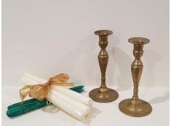 Pair Brass Candle Holders & Candles