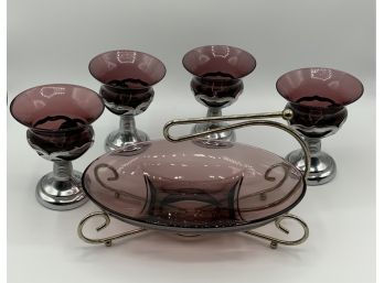 Vintage Farber Bros Chrome Amethyst Bowl & 4 Glasses