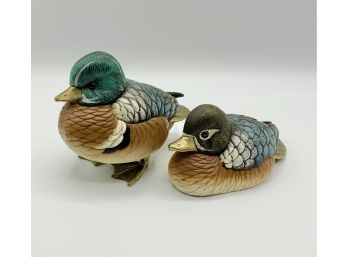 2 Brass Accented Hand Painted Duck Decoy Figurines ~ Malevolti Italy ~