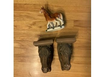 Great Horse Equestrian Book Ends And Vintage Wall Pocket