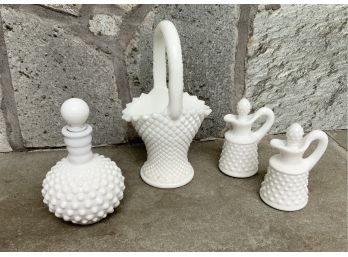 Milk Glass Lot ~ Westmoreland Basket, Corked Hobnail Bottle & Cruet Set ~