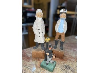 Trio Of Primitive Wood Hand Carved Figures Sea Captains And Drunk