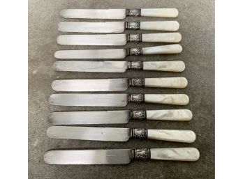 10 Antique Bigelow, Kennard & Co Knives W/sterling Guards & Pearl Handles