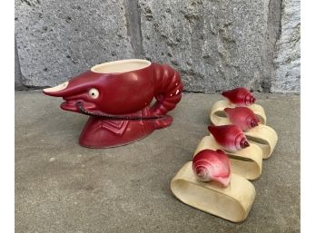 Vintage Luxembourg Lobster Butter Pitcher & 4 Shell Napkin Rings