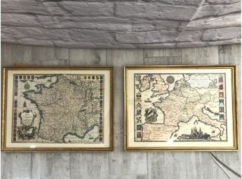 Pair Of Framed Antique Maps Of France - Gold Tone Wooden Frame - 22.5'L X 17'