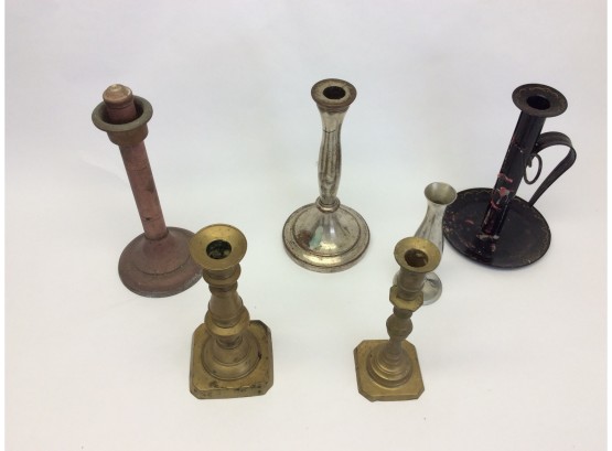 Lot Of Silverplate Brass Copper Candlesticks Candle Holders