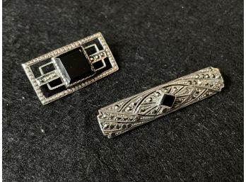 Pair Of Pins With Marcasite & Onyx Stones