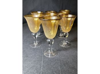 Set Of 8 Amber Bubble Glass Goblets