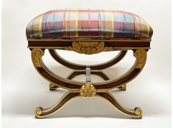 An Upholstered 'X' Bench With Parcel Gilt Wood Frame