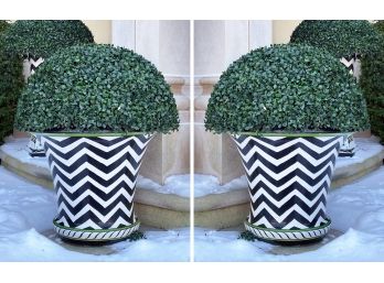 A Pair Of Artful Composite Planters With Faux Boxwood Greenery