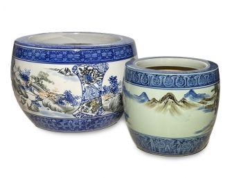 A Pairing Of Vintage Hand Painted Asian Ceramic Planters
