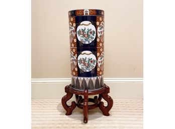 A Vintage Asian Ceramic Umbrella Stand On Rosewood Base