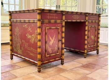 A Hand Painted Parcel-Gilt Chinoiserie Pedestal Desk