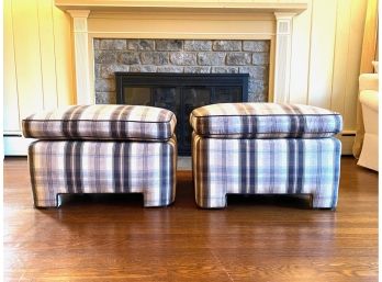 Pair Jonas Custom Silk Faille Brown & Ivory Plaid Ottomans With Brown Piping