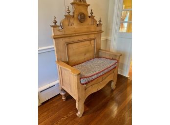 Pine Carved Antique Storage Bench & Custom Cushion