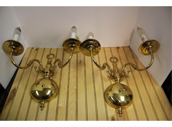 Pair Of Ethan Allen Solid Brass Double Arm Wall Sconce Light Fixtures