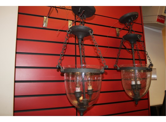 Pair Of Clear Bubble Glass & Brown Powder Coat Two Light Pendant Hanging Fixtures