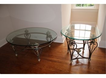 Two Antiqued Gold Metal & Glass Ornate Oval Coffee Tables