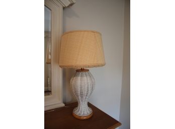 White Wicker & Wood Table Lamp With Yellow Check Fabric Shade