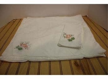 Twelve White With Pink/Green Embroidered Flower Cloth Napkins