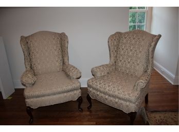Pair Of Pennsylvania House Upholstered Damask Wing Back Chairs