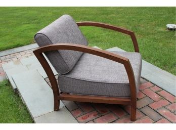 Wood Low Profile Danish Modern Look Accent Chair With Brown Tweed Cushions