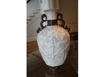 Pretty White & Brown Ceramic Embossed Decorative Urn Vase