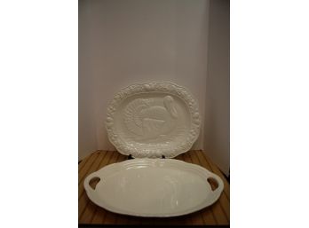 Two Oval Ceramic Platters - Embossed Thanksgiving Platter