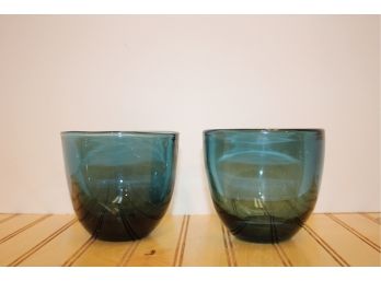 Pair Of Hand Blown Teal Glass Cups/Stemless Wine Glasses