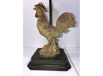 Rooster Lamp - Gold Tone With Ornate Finial And Silk Shade