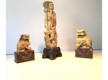 Jade Figurines- Asian Influenced Foo Dogs And Asian Man Statue