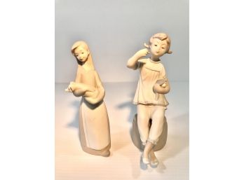 Lladro Porcelain Figurines  L-1011 And L-1083 Girl With Pig And Girl With Doll