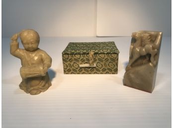 Jade Mini Sculptures And Asian Fabric Covered Trinket Box
