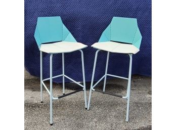 2 Blu Dot Real Good Counter Stools In Aqua W Velcro Seat Pads