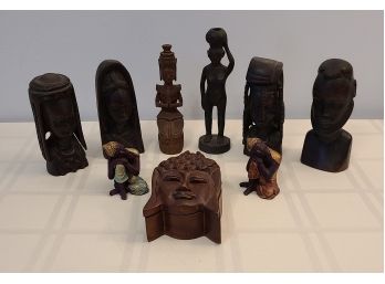 6 Wooden Carved Figures, 1 Wooden Buddha Puzzle Box (1 Pc Missing See Pics) And 2 ?resin Sitting