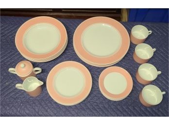 Fitz & Floyd Rondelet Peach/pink White Setting For 4, 2 Small Chips