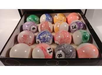 Set Of Marbled Billiards Pool Balls In Box