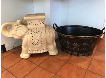 Elephant Stool And Asian Painted Bucket