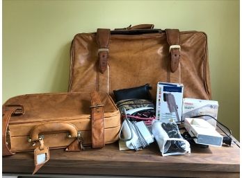 Two Vintage Vinyl Suitcases And Travel Accessories