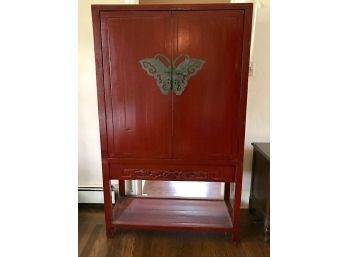 Asian Antique Red Lacquered Butterfly Chest