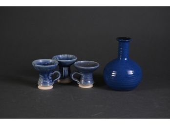 Blue Carafe & Ceramic Candlestick Holders